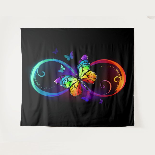 Vibrant infinity with rainbow butterfly on black tapestry (Front (Horizontal))