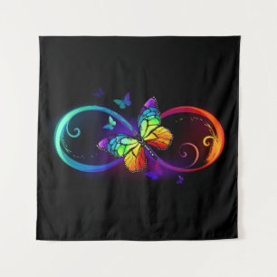 Vibrant infinity with rainbow butterfly on black tapestry