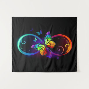 Vibrant infinity with rainbow butterfly on black tapestry