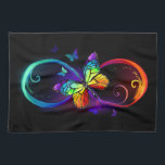 Vibrant infinity with rainbow butterfly on black tea towel<br><div class="desc">Multicolor,  bright,  symbol of infinity with rainbow,  detailed butterfly monarch. Rainbow butterfly. Rainbow infinity.</div>