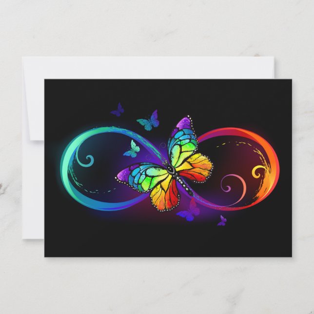 Vibrant infinity with rainbow butterfly on black thank you card (Front)