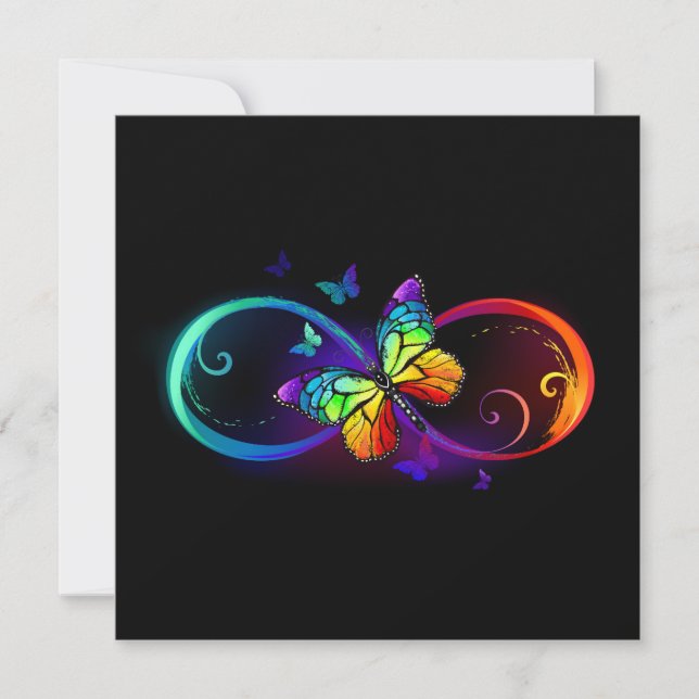 Vibrant infinity with rainbow butterfly on black thank you card (Front)