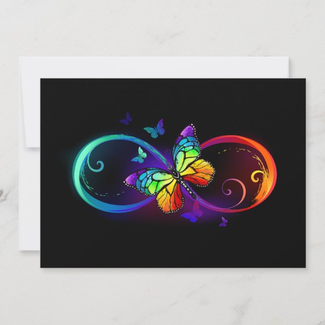 Vibrant infinity with rainbow butterfly on black thank you card (Front)