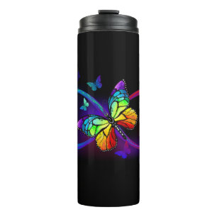 Vibrant infinity with rainbow butterfly on black  thermal tumbler