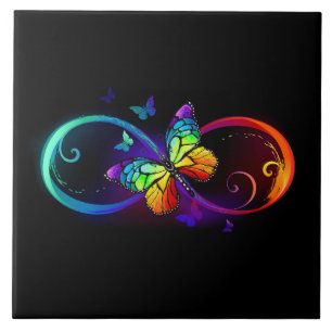 Vibrant infinity with rainbow butterfly on black tile