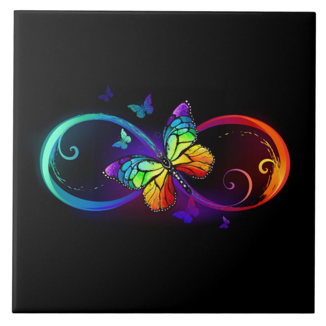 Vibrant infinity with rainbow butterfly on black  tile (Front)