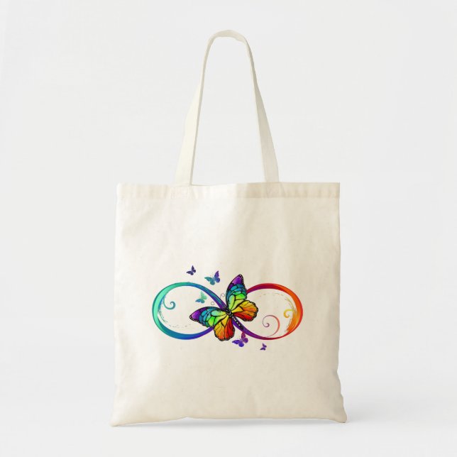 Vibrant infinity with rainbow butterfly on black tote bag (Front)