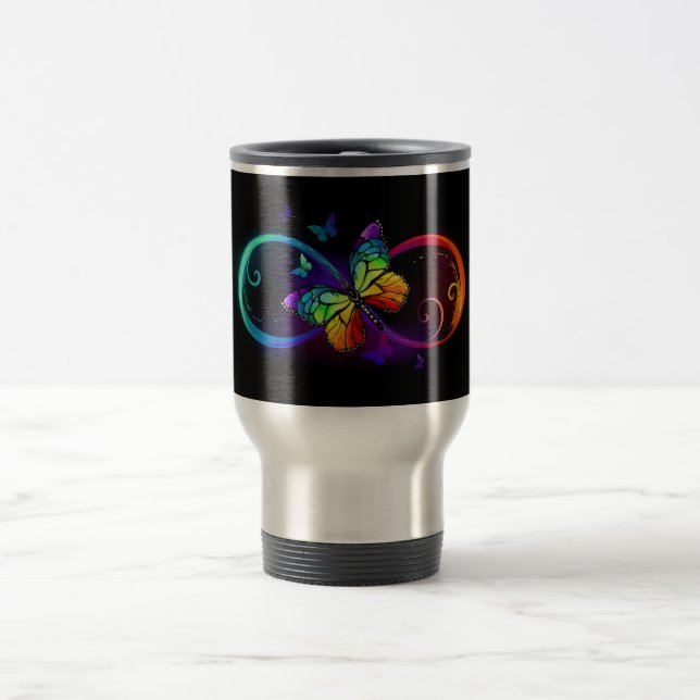 Vibrant infinity with rainbow butterfly on black travel mug (Center)