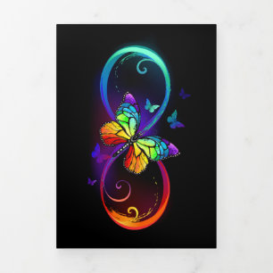 Vibrant infinity with rainbow butterfly on black Tri-Fold invitation