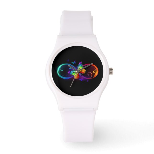 Vibrant infinity with rainbow butterfly on black watch (Front)