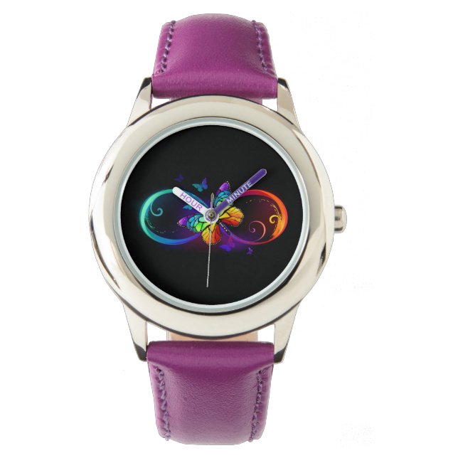 Vibrant infinity with rainbow butterfly on black watch (Front)