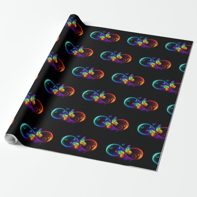 Vibrant infinity with rainbow butterfly on black wrapping paper (Unrolled)