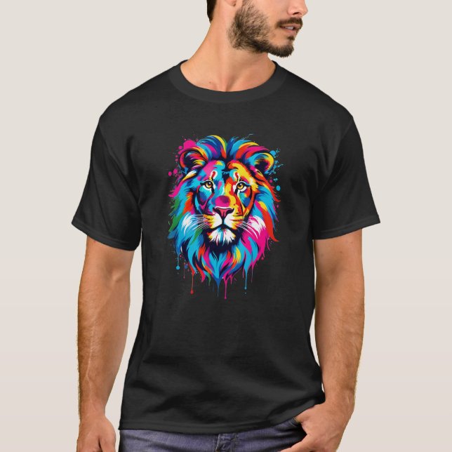 Vibrant Ink Splatter Lion Pop Art, Colourful T-Shirt (Front)