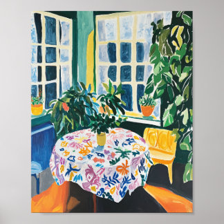 Vibrant Interior Scene with Floral Tablecloth Post Poster