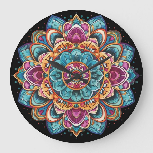 Vibrant, Intricate, Bohemian, Mandala Art  Large Clock (Front)