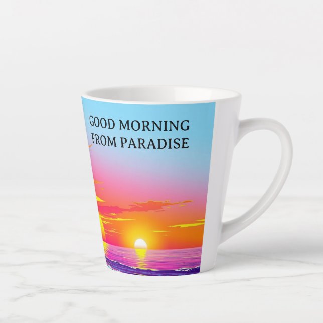 Vibrant Island Sunset Good Morning From Paradise Latte Mug (Right)