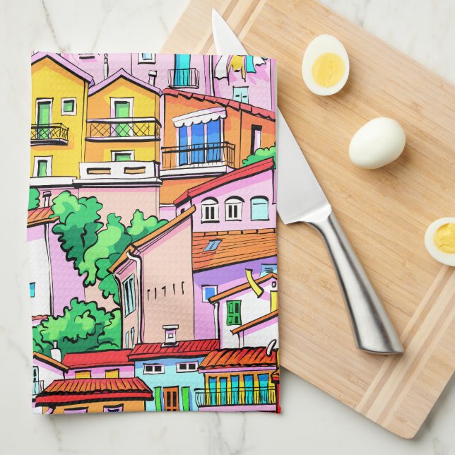 Vibrant Italian Facade Tea Towel (Quarter Fold)