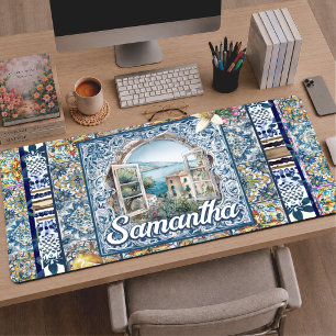Vibrant Italian Floral Blue Tile Citrus Monogram Desk Mat