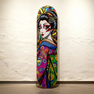 Vibrant Japanese Geisha in Kimono Portrait Skateboard