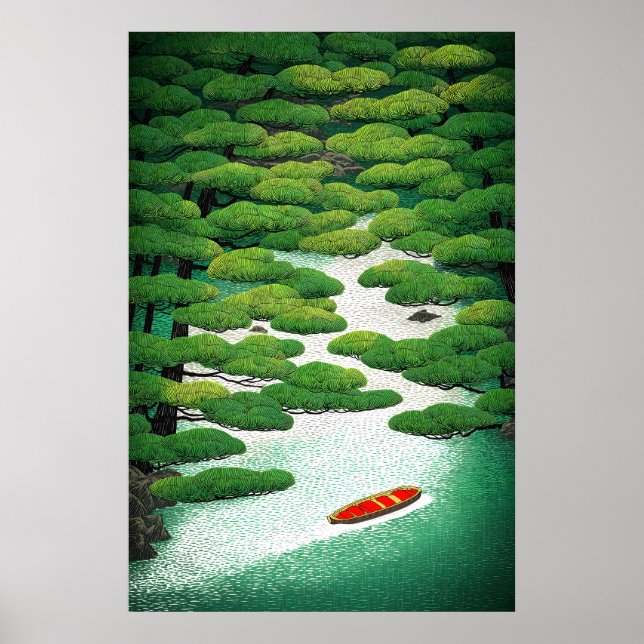 Vibrant Japanese River Wall Art Ukiyo-e Pine (Front)