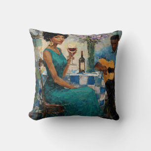 Vibrant Jazz Woman Teal Bistro Art Cushion
