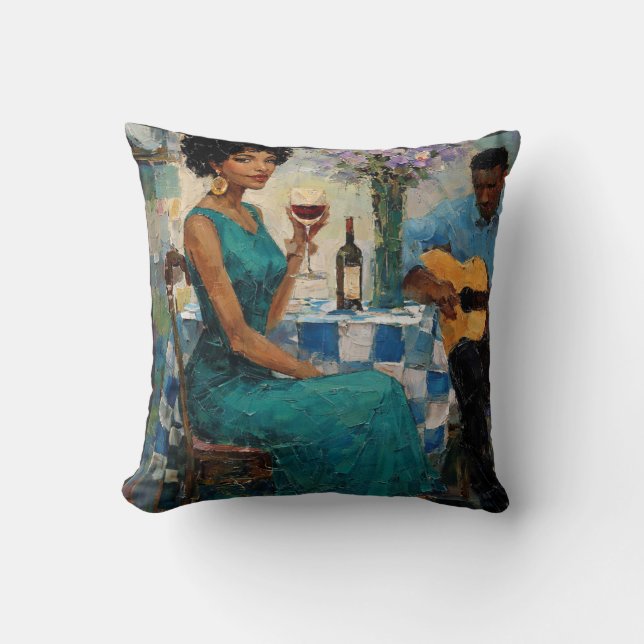 Vibrant Jazz Woman Teal Bistro Art Cushion (Front)