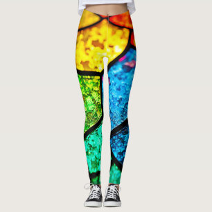 Vibrant Jewel Toned Stained Glass Texture Art Leggings