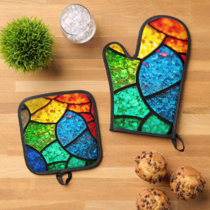 Vibrant Jewel Toned Stained Glass Texture Art Oven Mitt & Pot Holder Set
