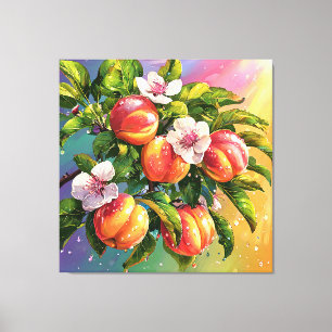 Vibrant Juicy Peaches on Tree Branch with Blossoms Canvas Print