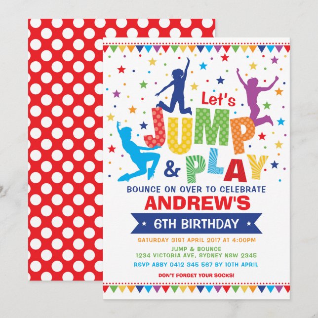 Vibrant Jump Bounce Play Birthday Trampoline Party Invitation (Front/Back)