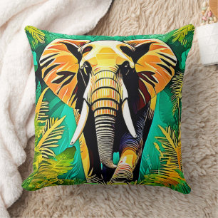 Vibrant Jungle Elephant Scene Design Cushion