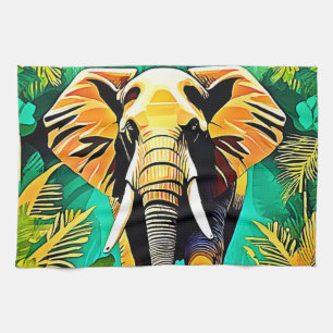Vibrant Jungle Elephant Scene Design Tea Towel