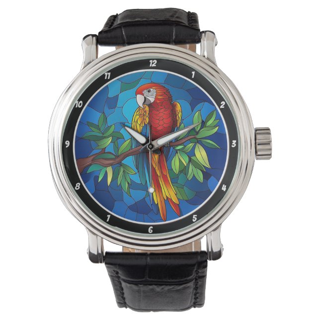 Vibrant Jungle Jewel" - Stained Glass Parrot Wall Watch (Front)