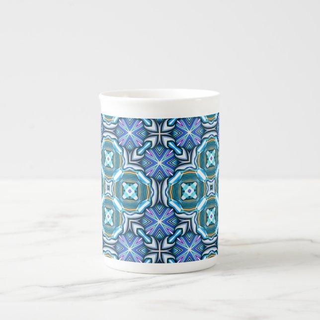 Vibrant Kaleidoscopic Pattern in Blues Bone China Mug (Front)