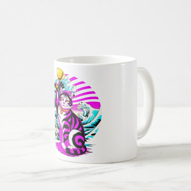 Vibrant Kawaii Japanese Victory Cat Coffee Mug (Front Right)
