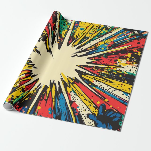 Vibrant Kinetic Blast - Crimson Blue Yellow Comic  Wrapping Paper (Unrolled)