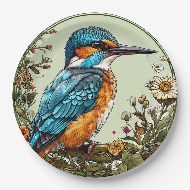 Vibrant Kingfisher Bird Paper Plate (Front)