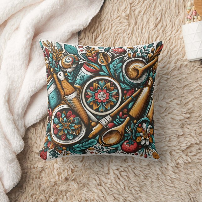 Vibrant kitchen tools and plants arrangement cushion (Blanket)