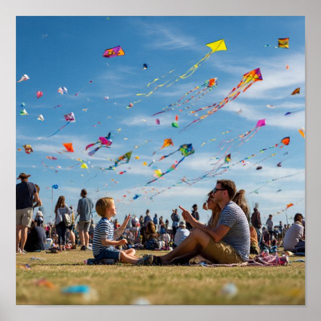 Vibrant Kite Festival - Kites Above, Crowd Below Poster (Front)
