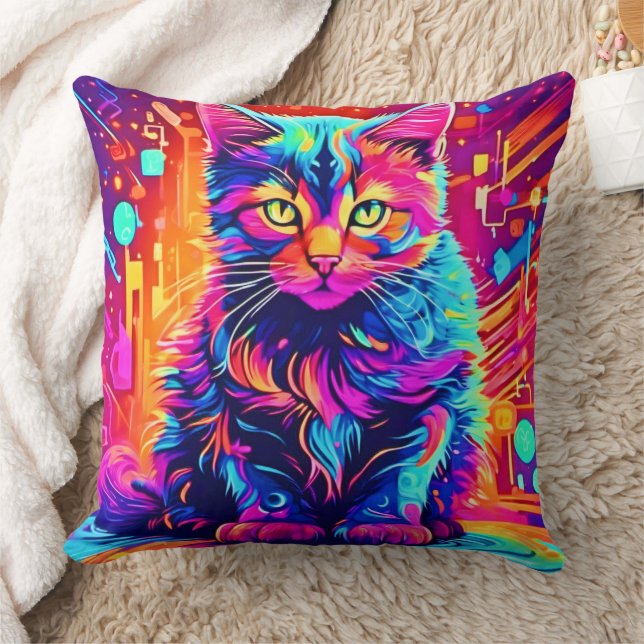 Vibrant Kitty: Beautiful Neon Artwork Cushion (Blanket)