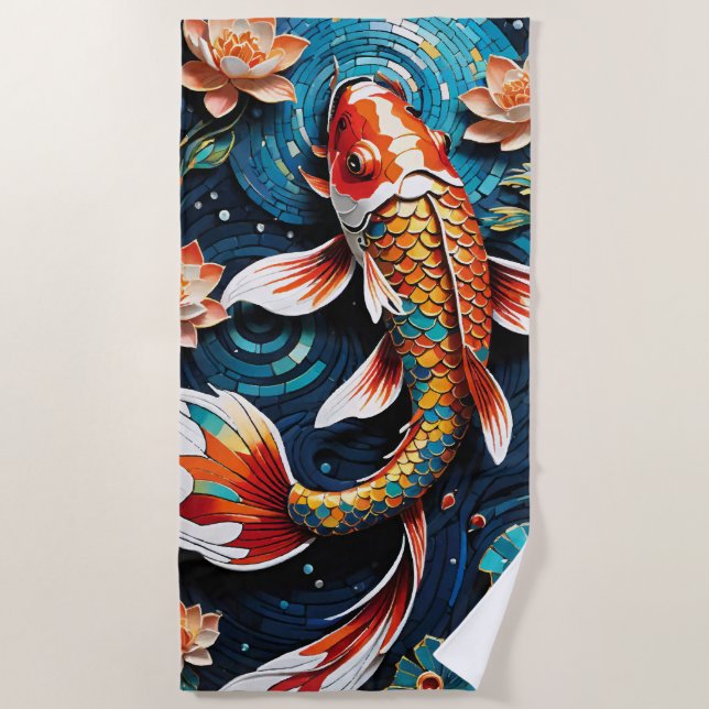 Vibrant Koi and Beautiful Flowers Aquatic Scene Beach Towel (Front)