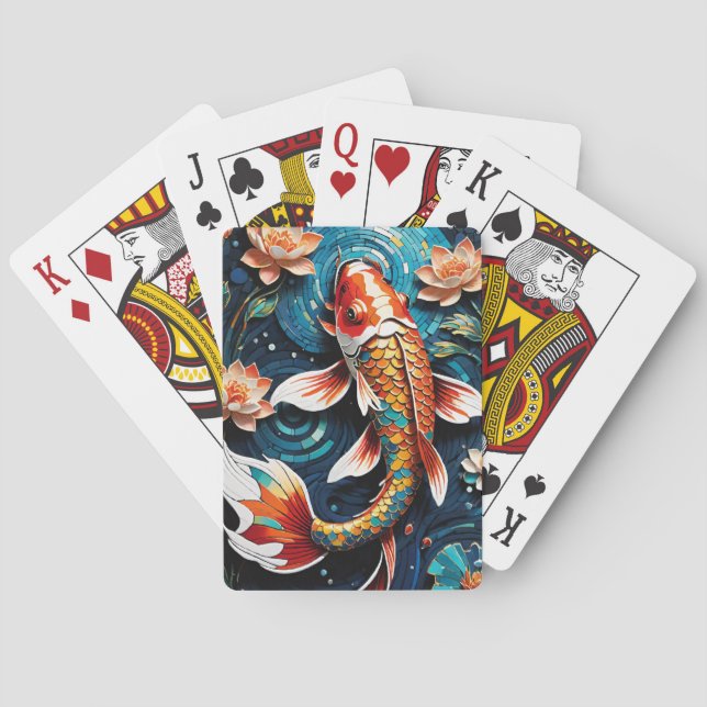 Vibrant Koi and Beautiful Flowers Aquatic Scene Playing Cards (Back)