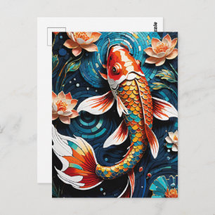 Vibrant Koi and Beautiful Flowers Aquatic Scene Postcard