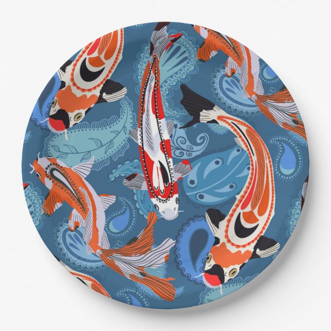 Vibrant Koi Fish Among Paisley Pattern Paper Plate (Front)