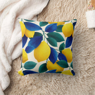 Vibrant Lemon & Blue Leaves Watercolor Pattern Cushion
