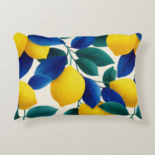 Vibrant Lemon & Blue Leaves Watercolor Pattern Decorative Cushion