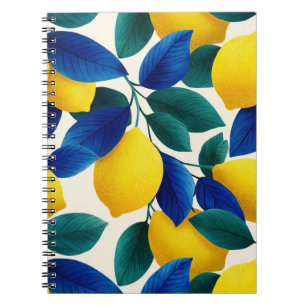 Vibrant Lemon & Blue Leaves Watercolor Pattern Notebook