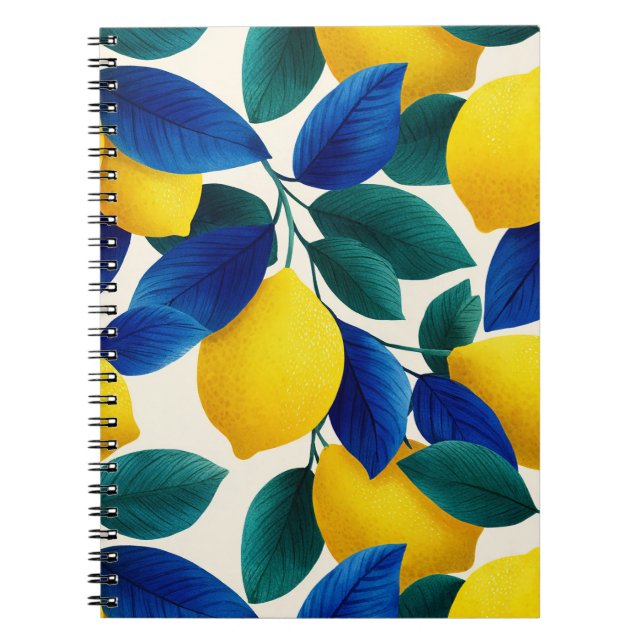 Vibrant Lemon & Blue Leaves Watercolor Pattern Notebook (Front)