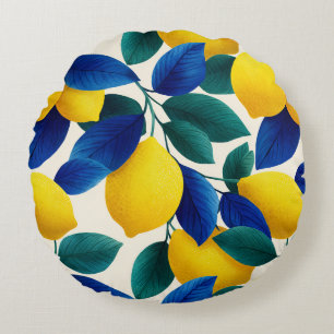 Vibrant Lemon & Blue Leaves Watercolor Pattern Round Cushion