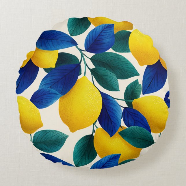 Vibrant Lemon & Blue Leaves Watercolor Pattern Round Cushion (Front)